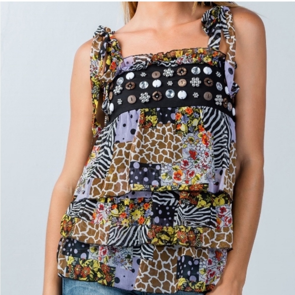 NWT Freeway Purple Black Embellished Tiered Tie Straps Tank Top Large